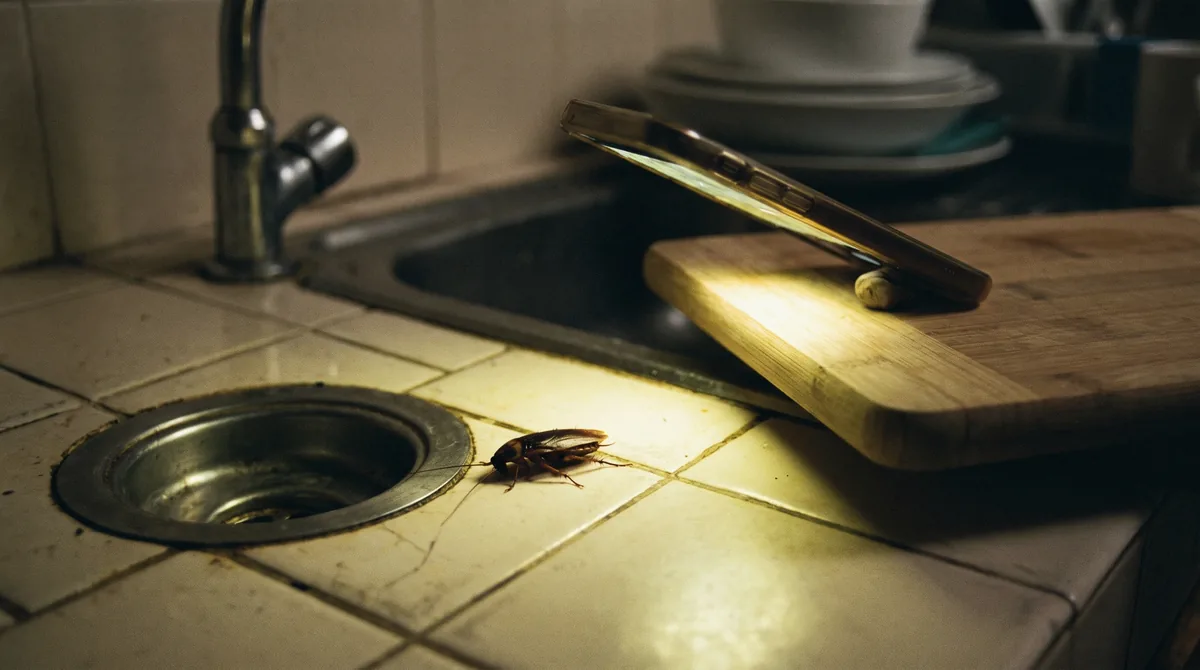 Blatta su piastrelle di una cucina illuminata di notte