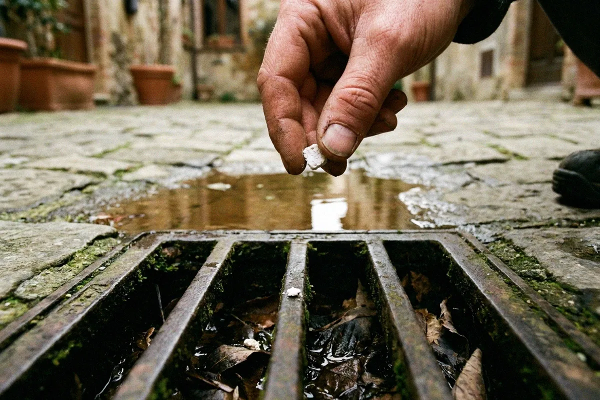 Pastiglia di larvicida biologico versata in un tombino con acqua stagnante