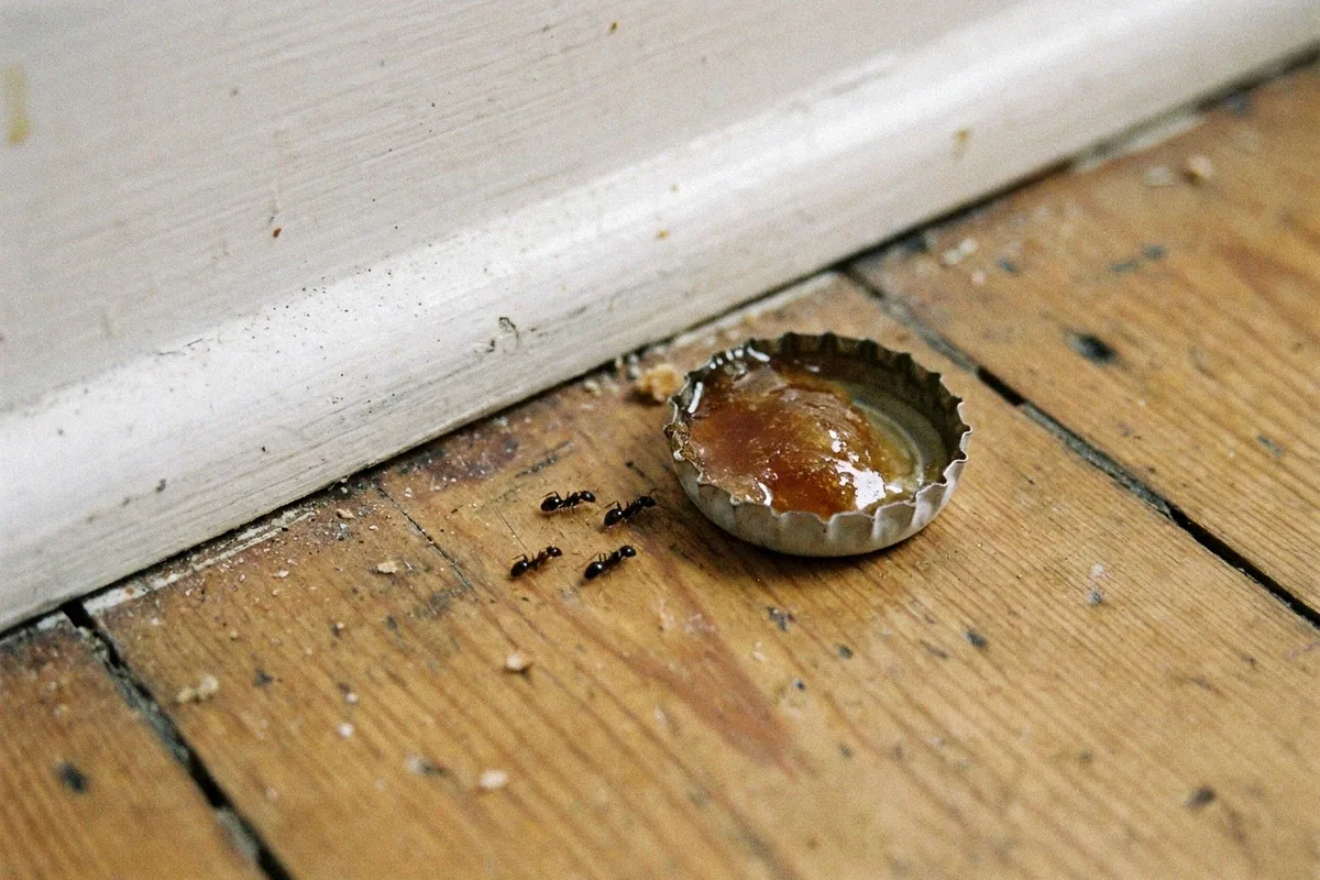 Esca con miele in un tappo di bottiglia per attirare le formiche