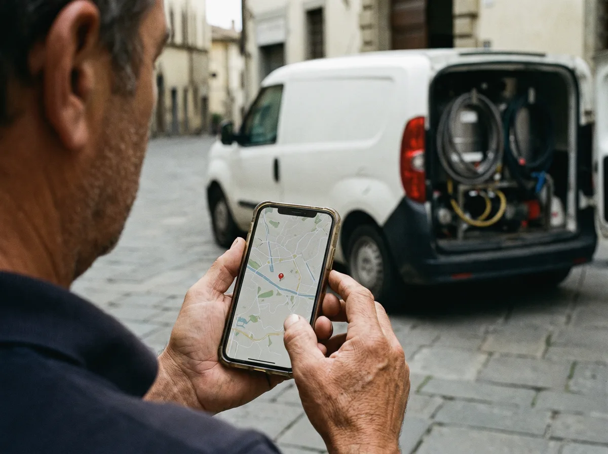 Titolare di una ditta guarda sulla mappa dello smartphone la zona di una nuova richiesta