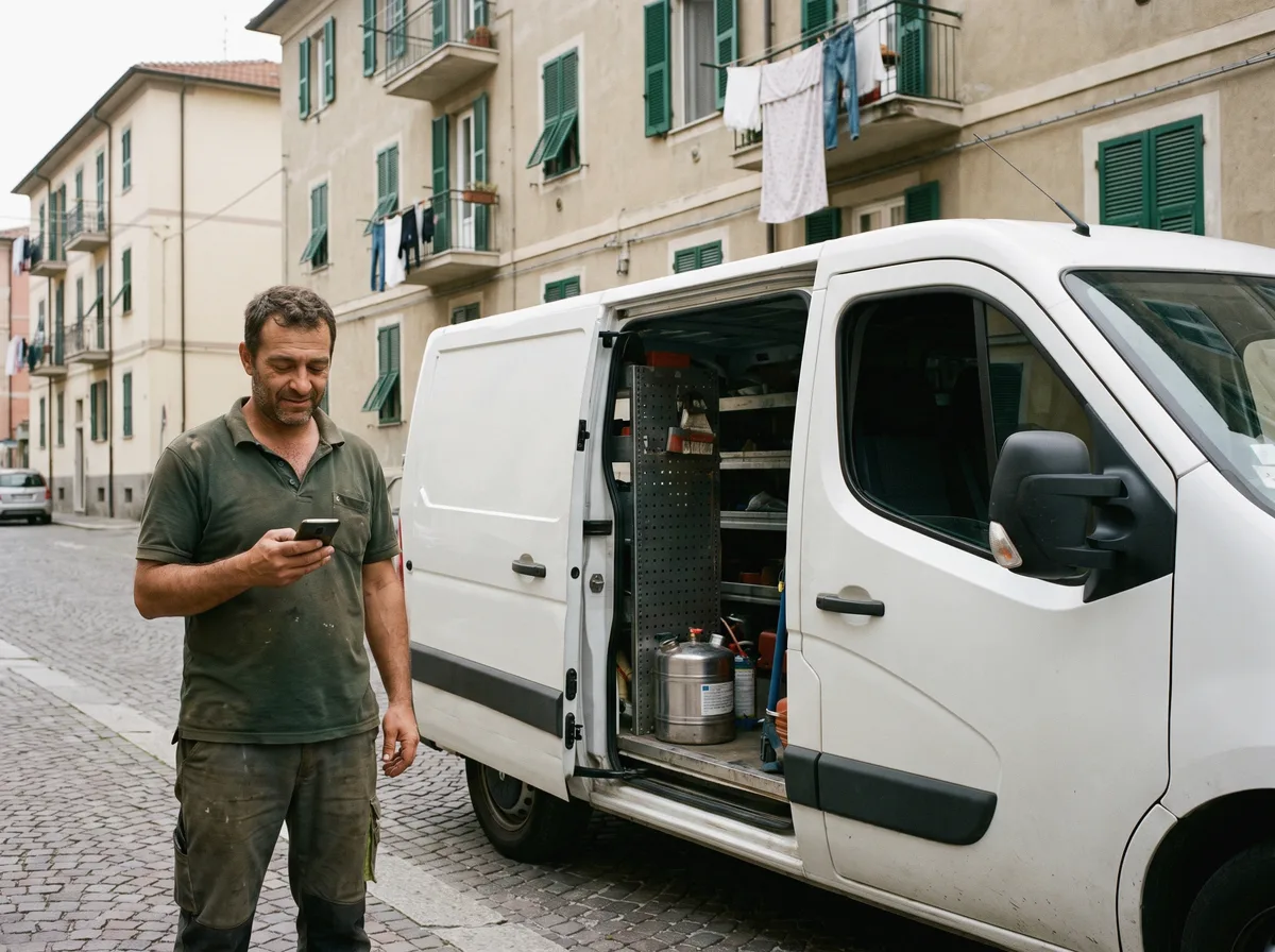 Tecnico di disinfestazione controlla lo smartphone accanto al furgone attrezzato