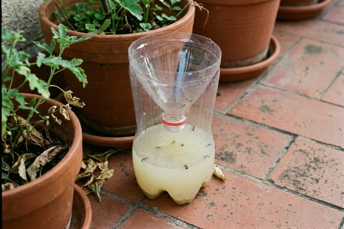 Trappola per zanzare fatta con una bottiglia di plastica tagliata e acqua zuccherata